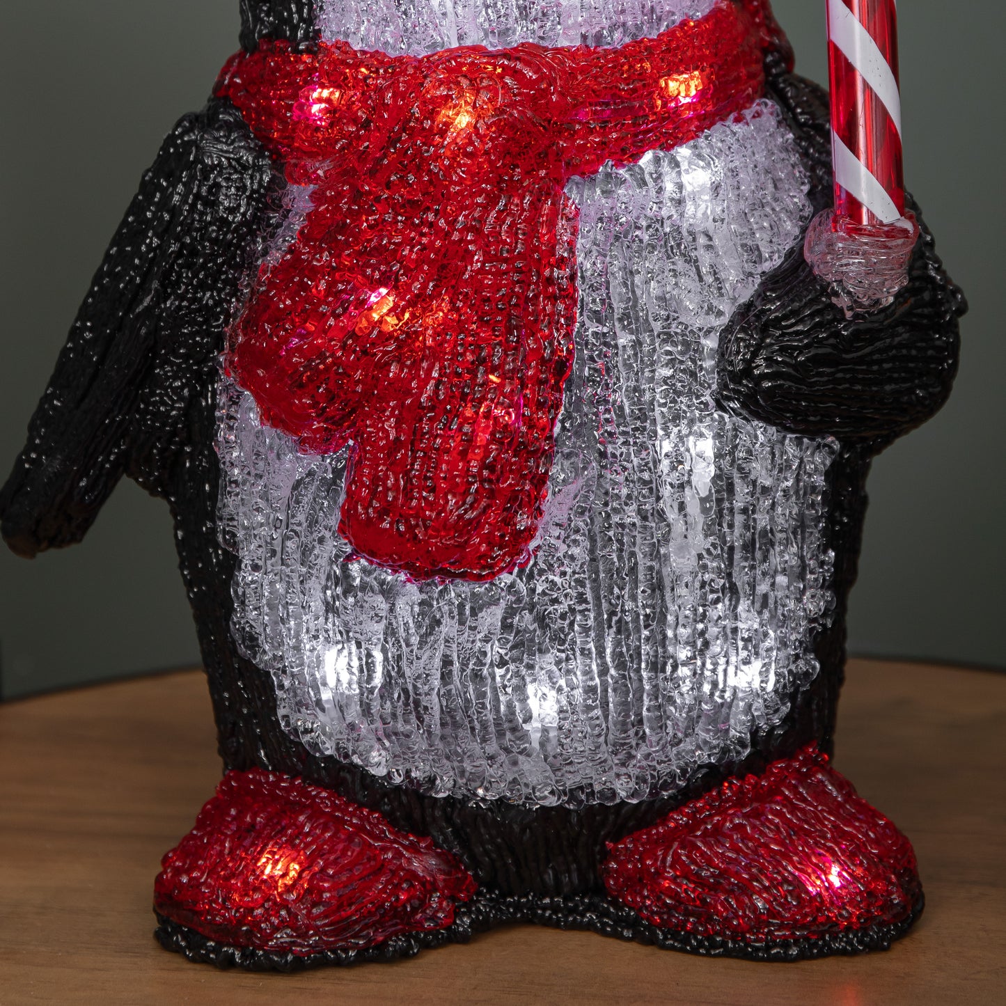 30cm Light up Acrylic Christmas Penguin with Candy Cane Decorations & White LEDs