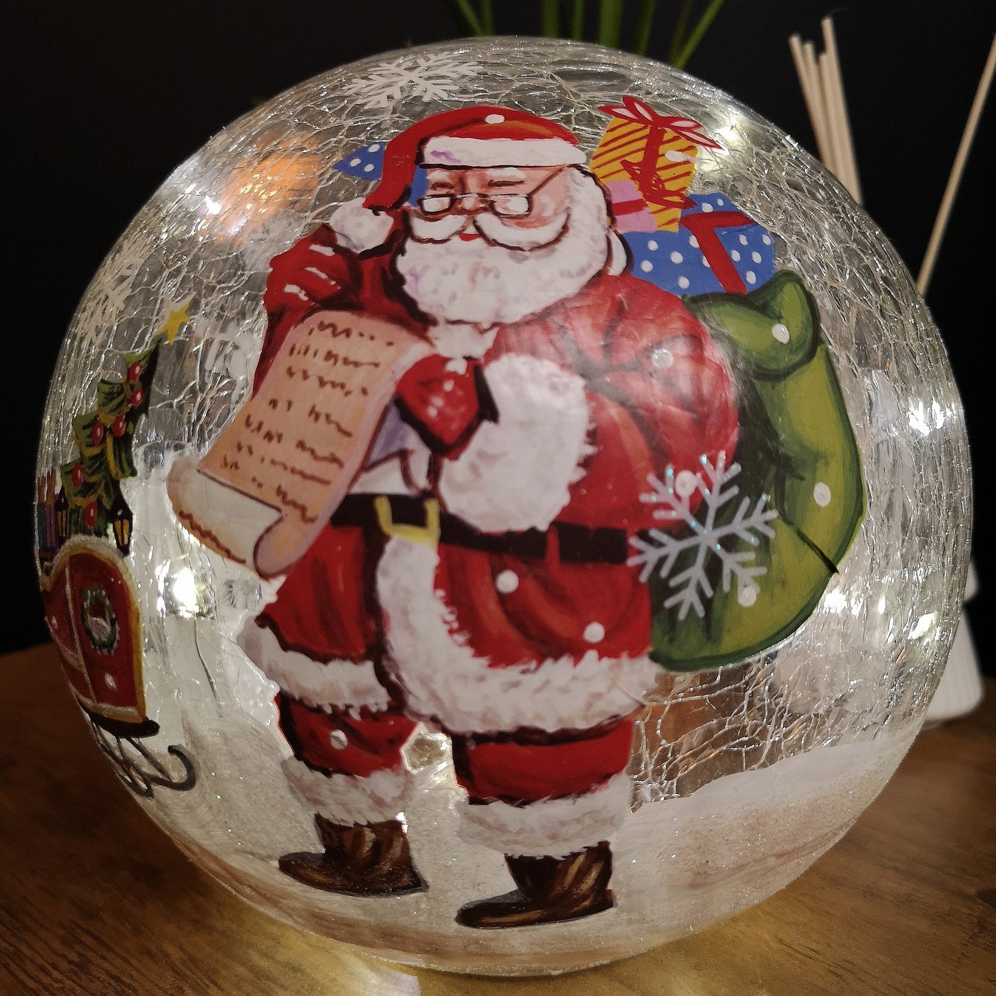 20cm Battery Operated Warm White LED Crackle Effect Ball Christmas Decoration with Santa