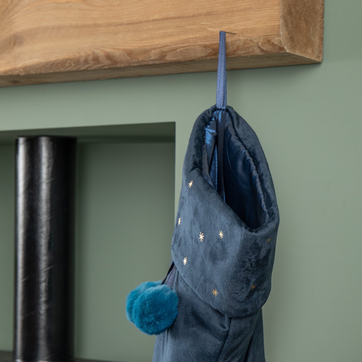 70cm Hanging Dark Blue Velour Star Print Christmas Stocking with Pom Poms
