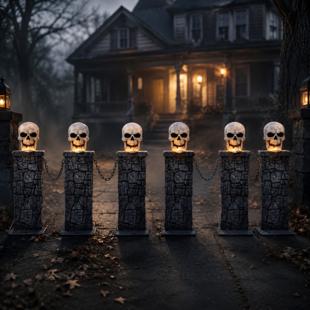 Pack of 2: 90cm x 1.2m Battery Powered Light Up Halloween Skull Fence with LEDs