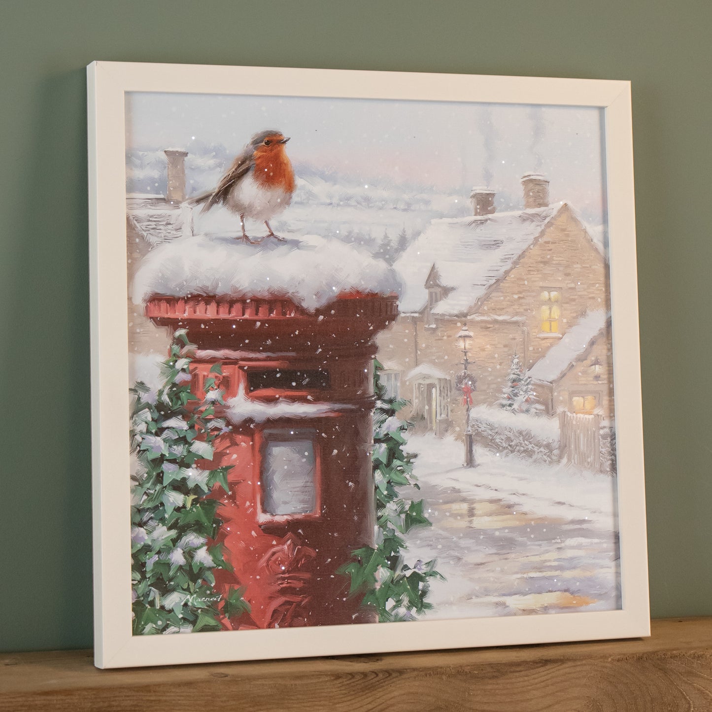 LED Battery Operated Fibre Optic Wall Art Canvas with a Robin and Postbox Christmas Decoration