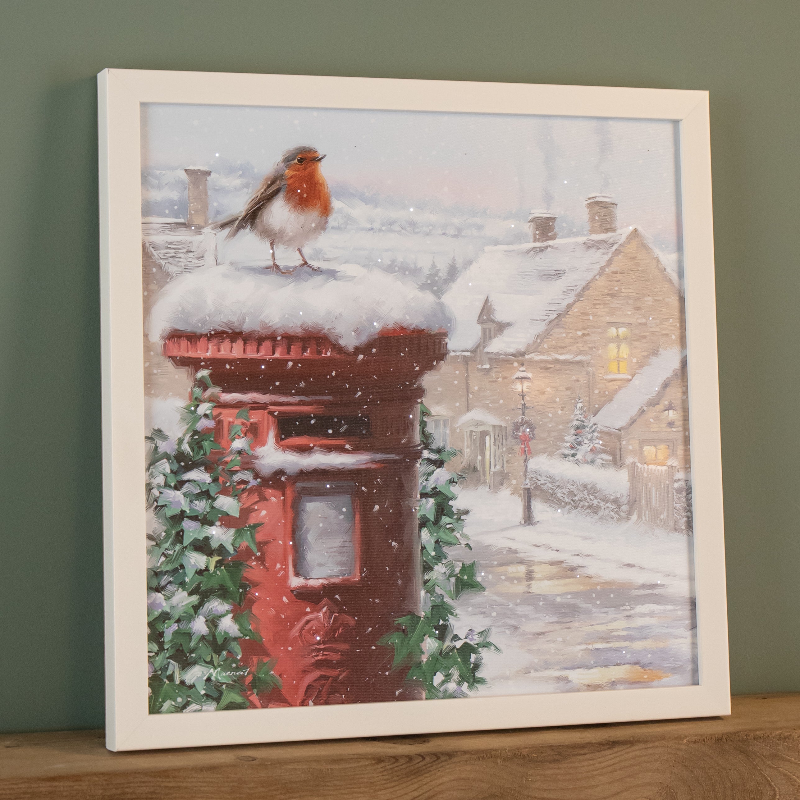 LED Battery Operated Fibre Optic Wall Art Canvas with a Robin and Postbox Christmas Decoration