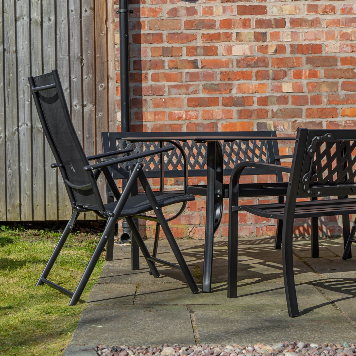 Outdoor 6 Person Rectangular Glass Top Garden Dining Table Benches & Chairs Set