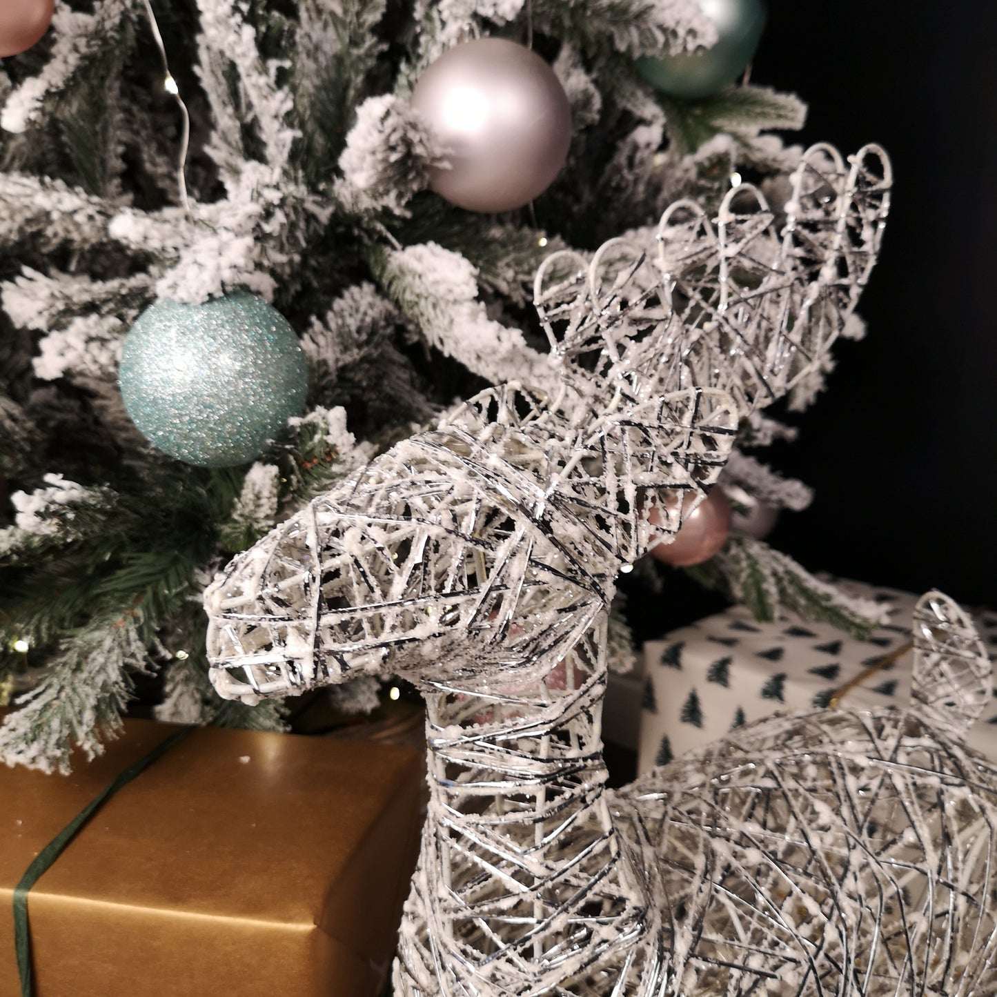 60cm Battery Operated Silver Woven Reindeer Christmas Decoration with 20 Warm White LEDs