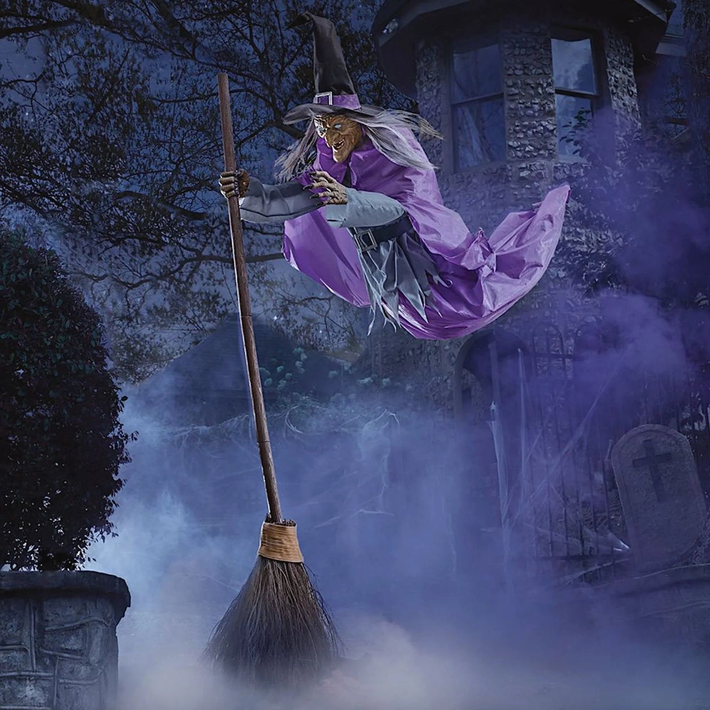 Home Accents Holiday 12ft Giant Animated Hovering Halloween Witch with Broomstick and LEDs