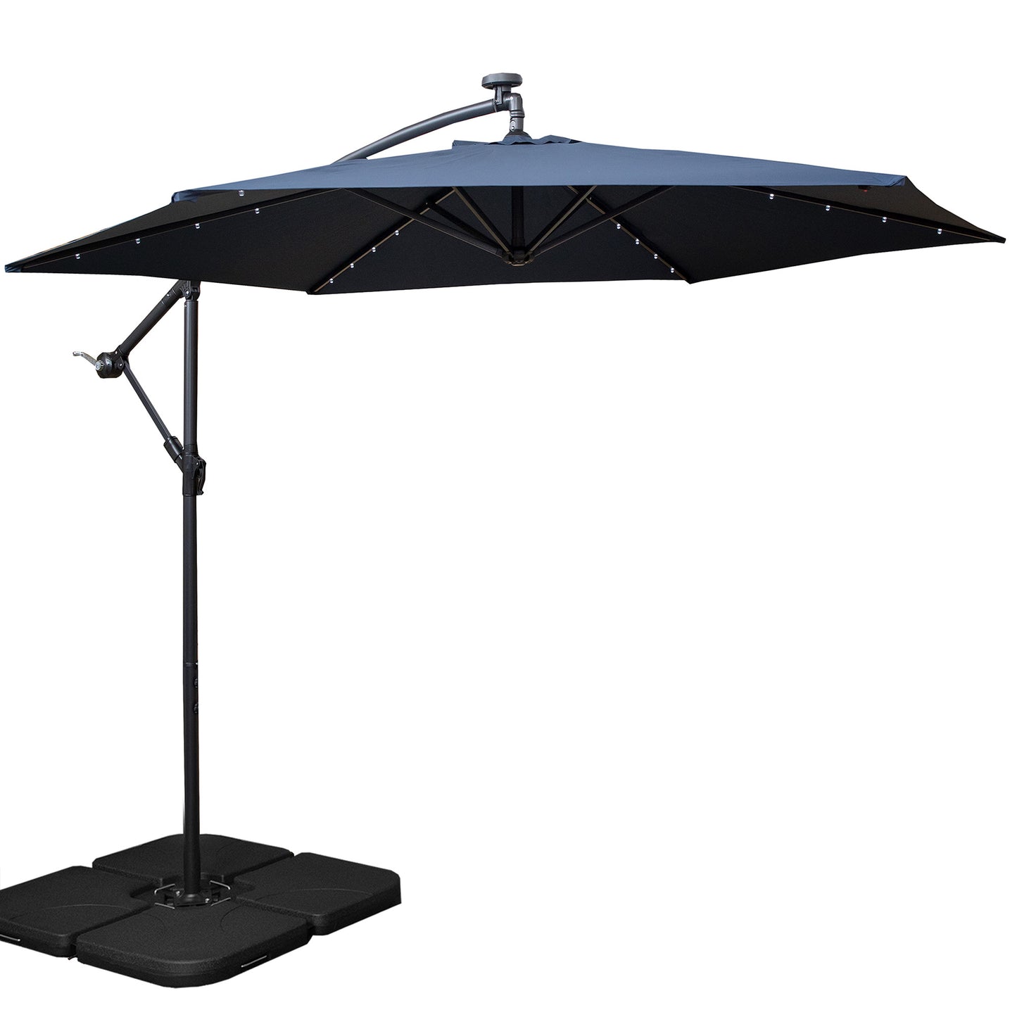 3m Solar Powered Lit Banana Cantilever Garden Parasol with LEDs & Base Weights Included in Blue