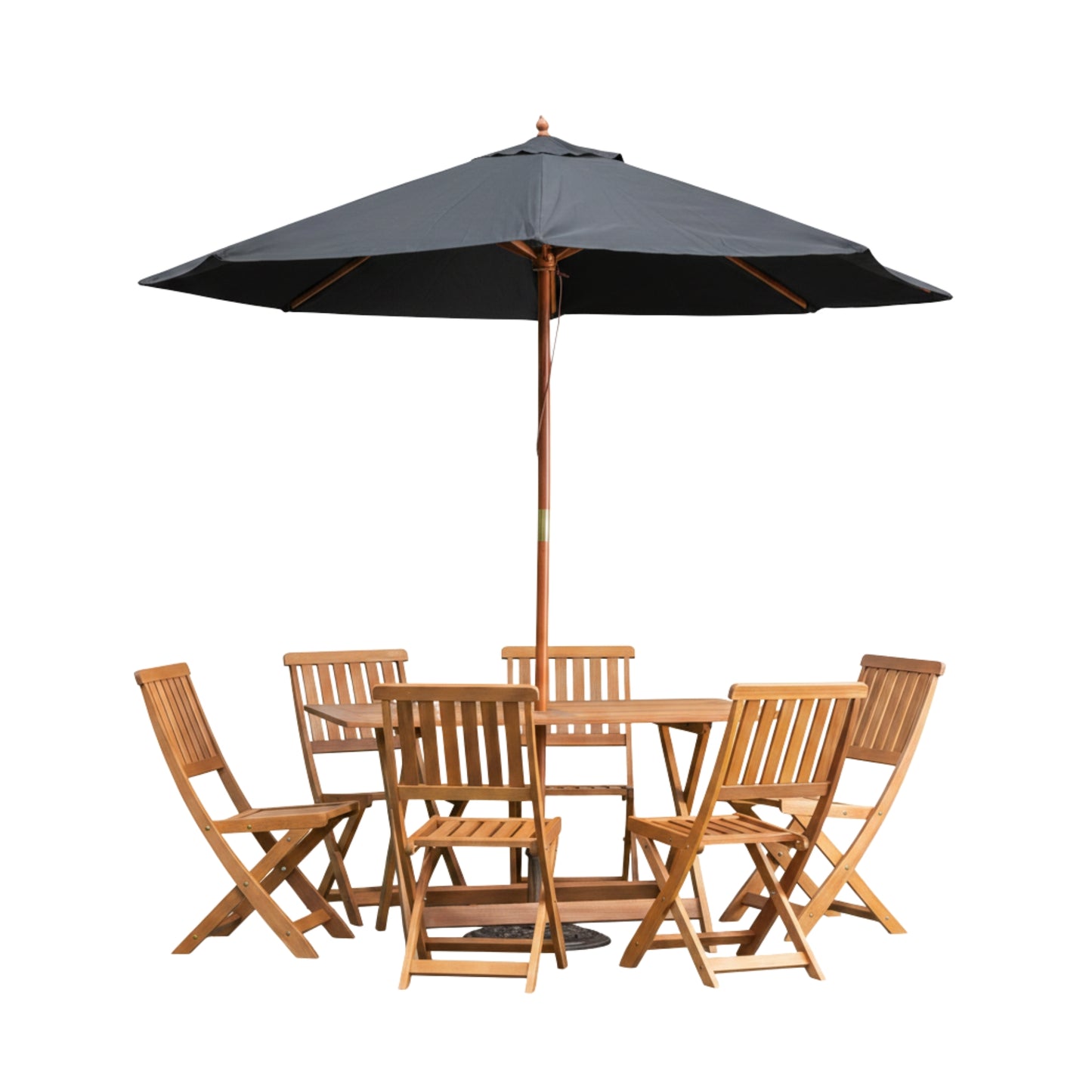 Outdoor 6 Person Folding Rectangular Wooden Garden Dining Table Chairs Parasol and Base set