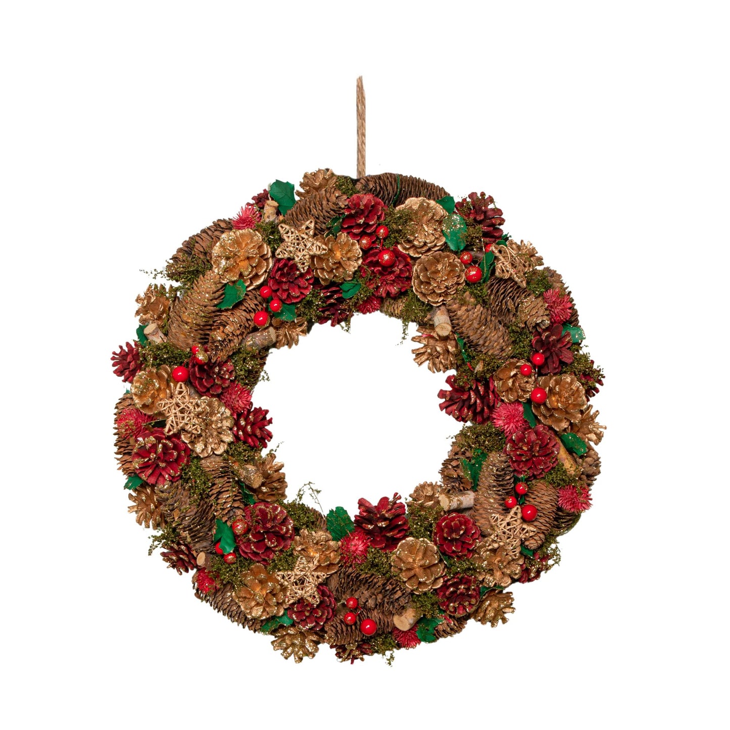 50cm Red Hanging Christmas Wreath with Red Berries and Pinecones 