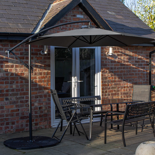 Outdoor 6 Person Rectangular Glass Top Garden Dining Table Benches & Chairs With Grey Banana Parasol and Base