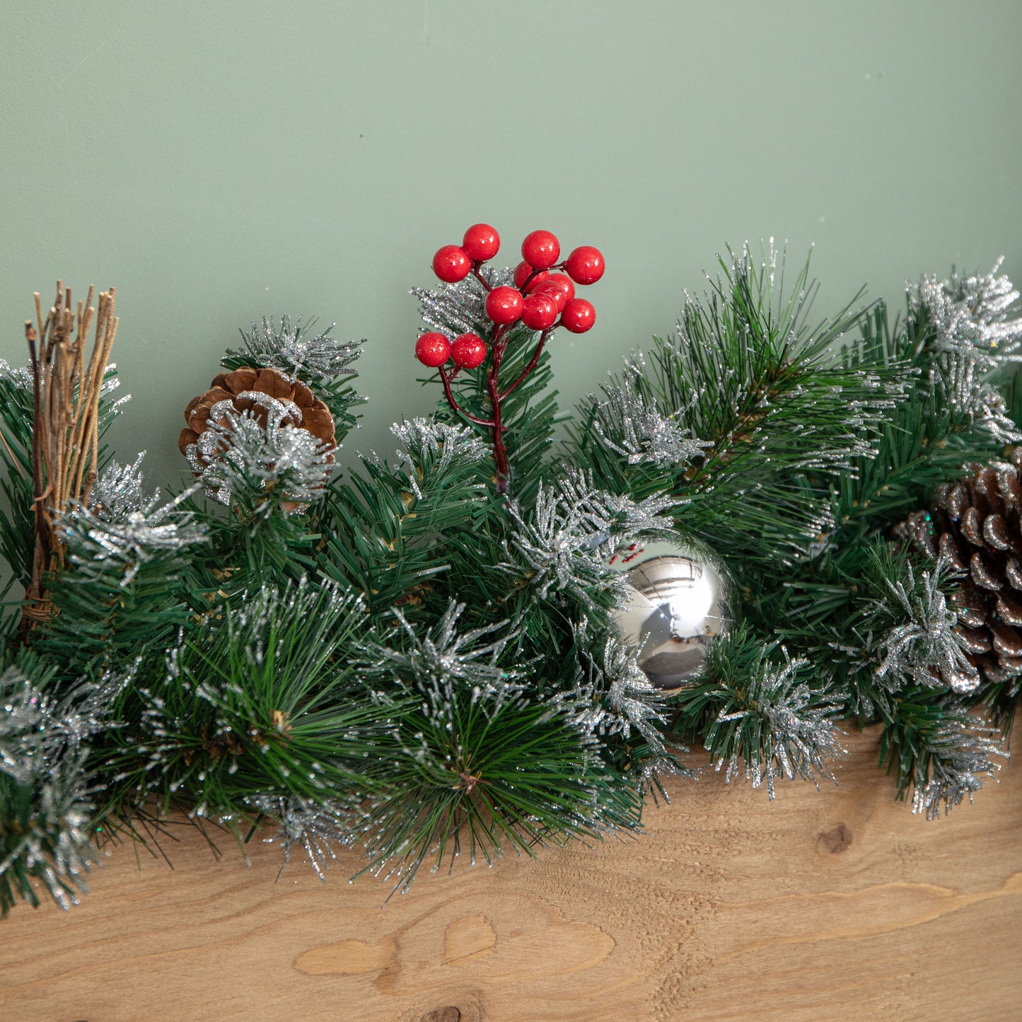 1.8m (6ft) Dressed Christmas Garland with Silver Baubles Pinecones & Berries