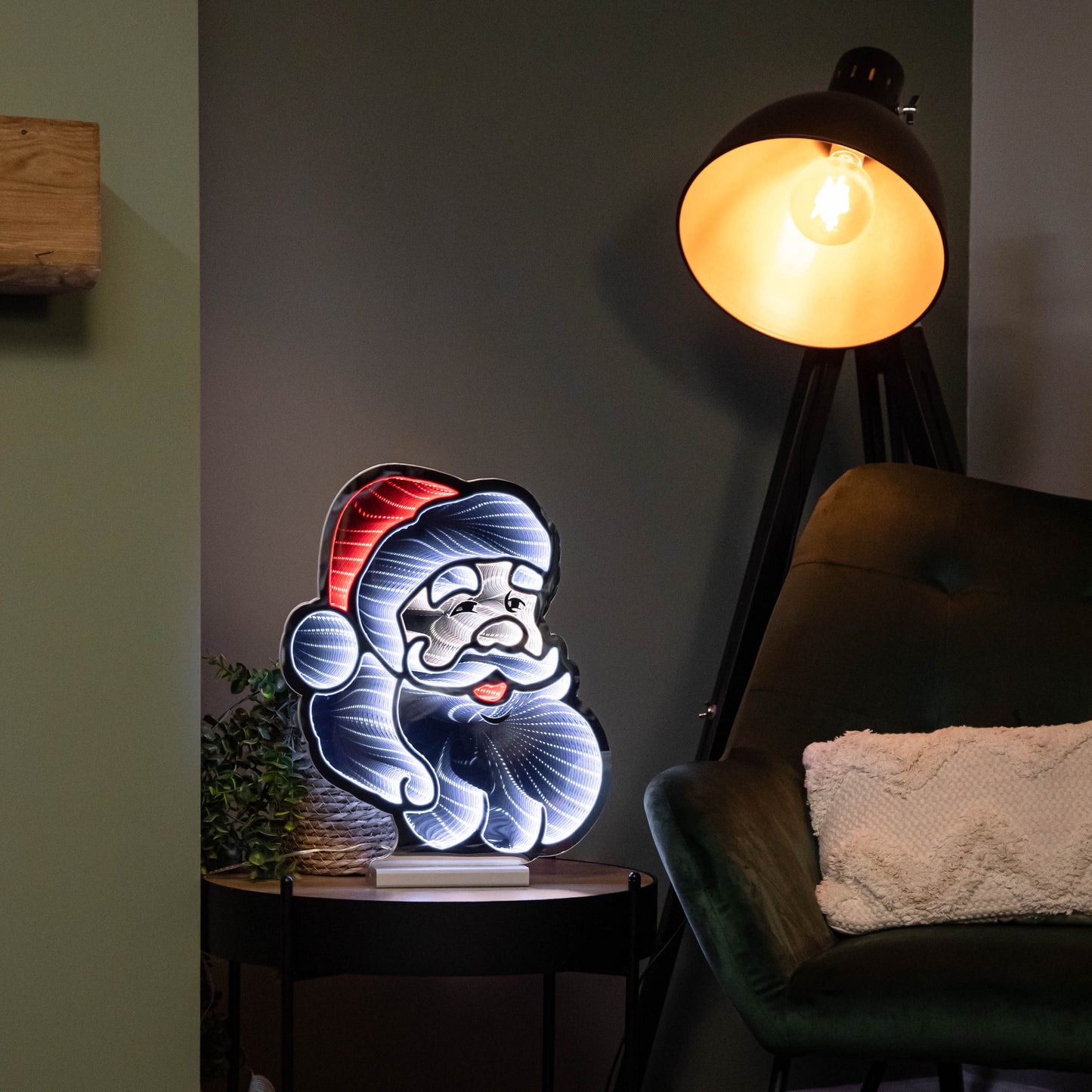 40cm Infinity Santa's Head Christmas Decoration on Wooden Base with Red & White LEDs 