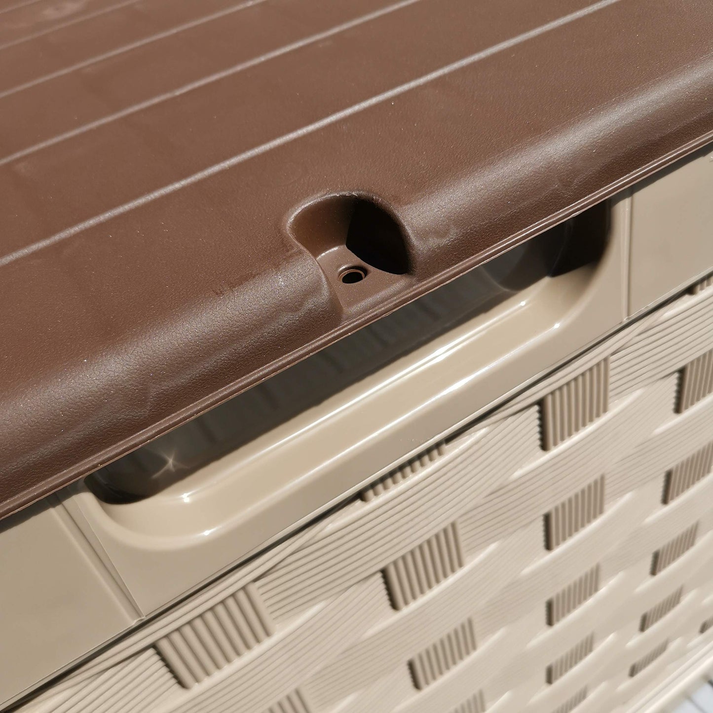 Factory Seconds: 335 Litre Rattan Style Garden Cushion Storage Box with Sit on Lid – Dark Brown