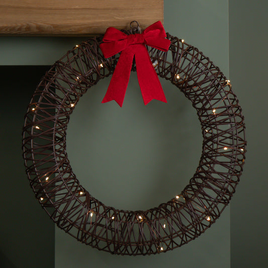 50cm Battery Operated Light up Christmas Wreath with Red Bow & 40 Warm White LEDs