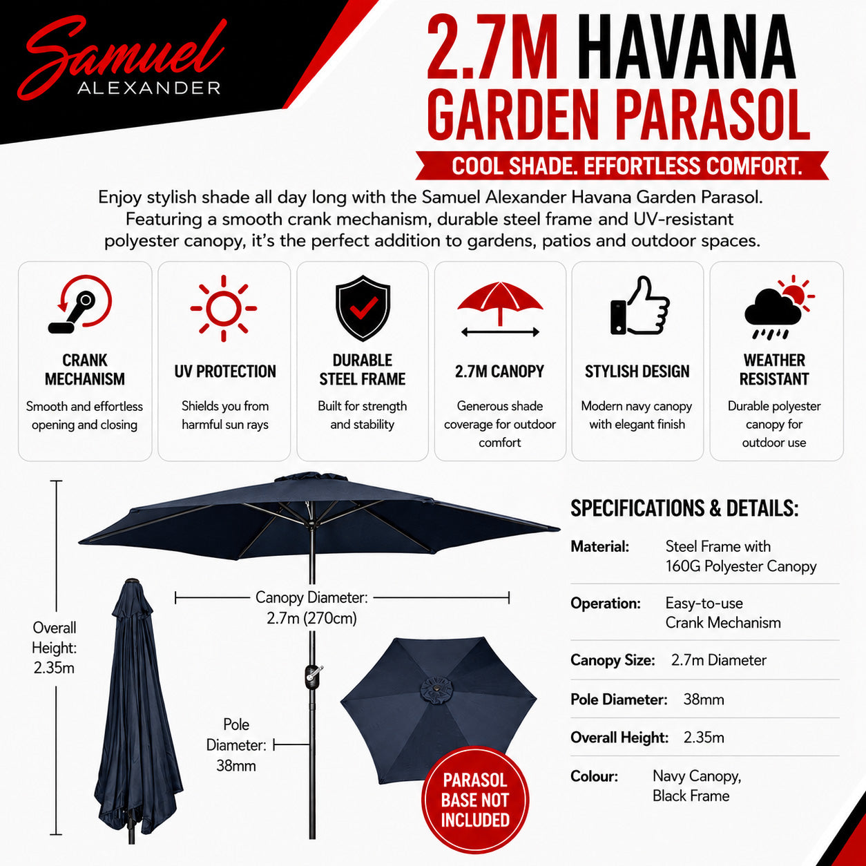 Samuel Alexander 2.7m Havana Garden Patio Parasol with Crank Handle in Blue