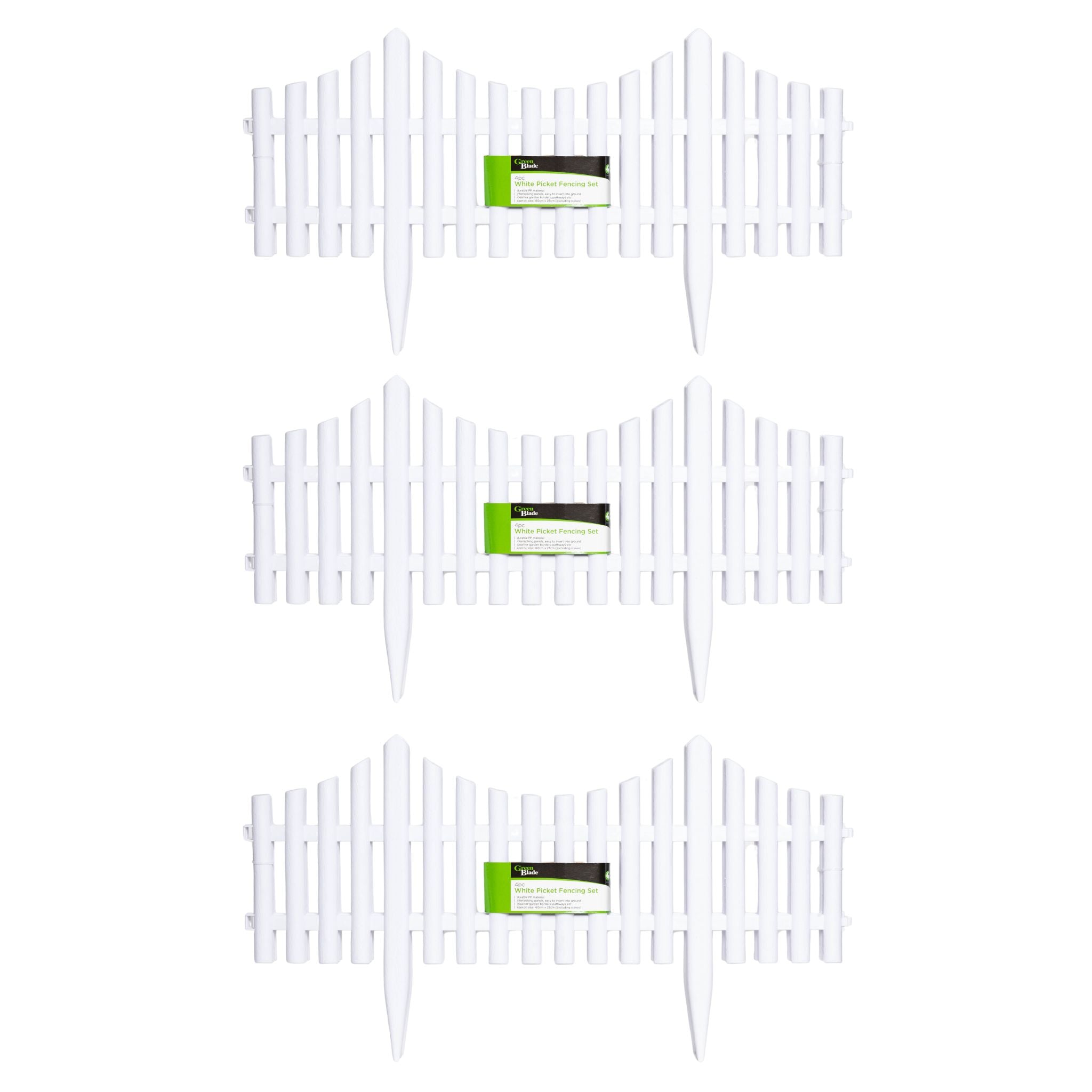 3 x 33cm 4 Piece Set White Wood Effect Picket Fence Garden Edging 