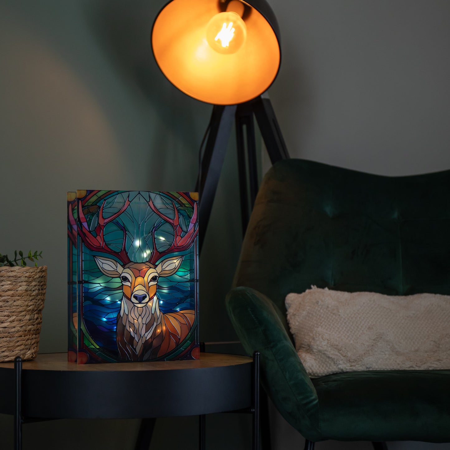 28cm Battery Powered Glass Christmas Decoration with Stag & Warm White LEDs