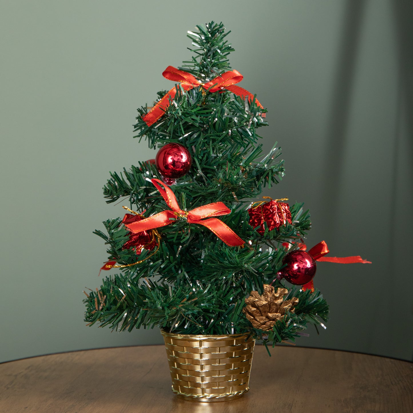 30cm Mini Pre-Decorated Christmas Tree in Gold Pot with Red Baubles