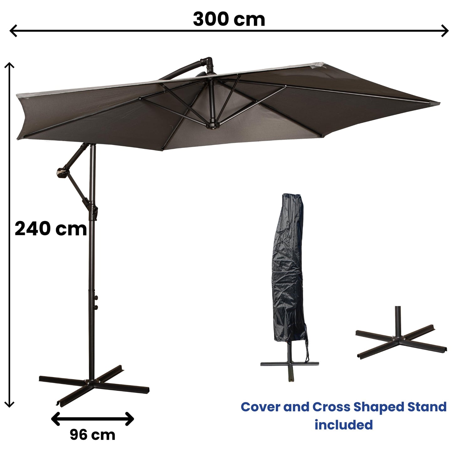 Factory Seconds 3m Cantilever Parasol in Grey with Crank Handle for Patio Garden Banana Parasol with UV Protection Outdoor Umbrella Sun Shades for Garden
