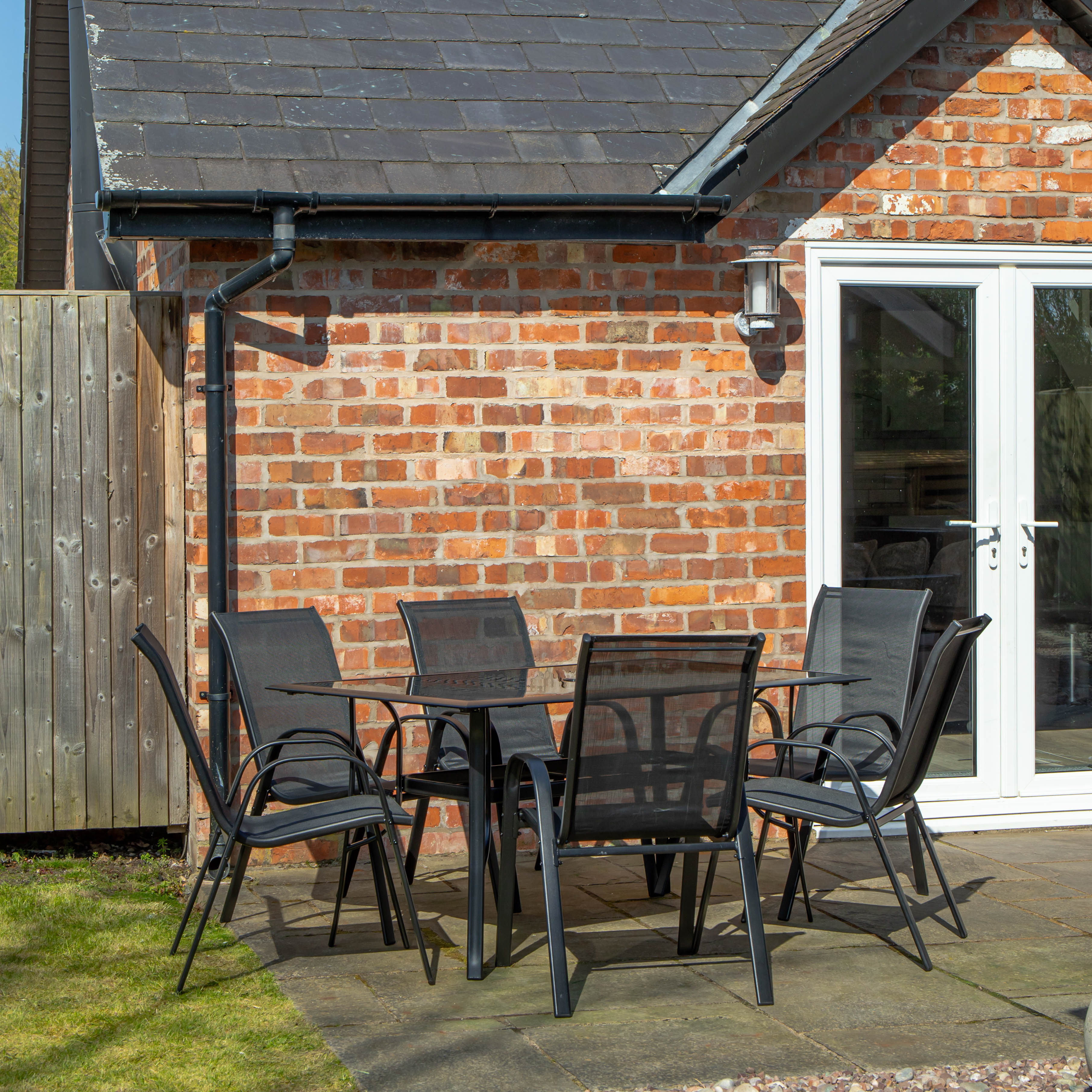 Outdoor 6 Person Rectangular Glass Top Garden Dining Table Chairs Set