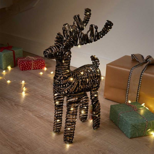 50cm Battery Operated Light up Black & Gold Braid Christmas Reindeer with Warm White LEDs