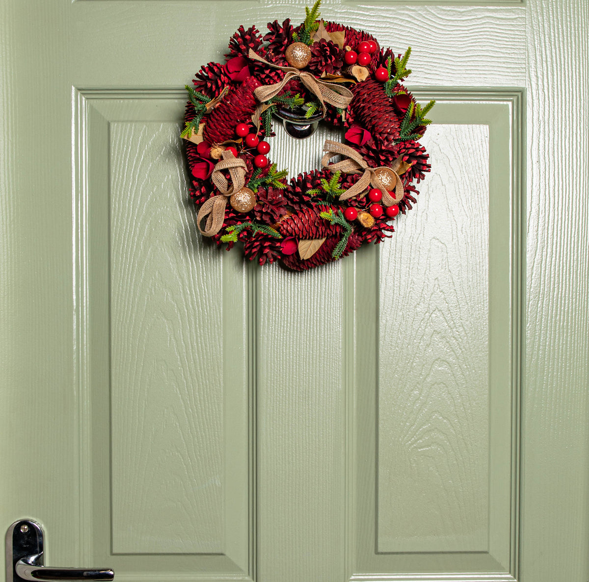 30cm Red Rose Hanging Christmas Wreath with Pinecones & Red Berries