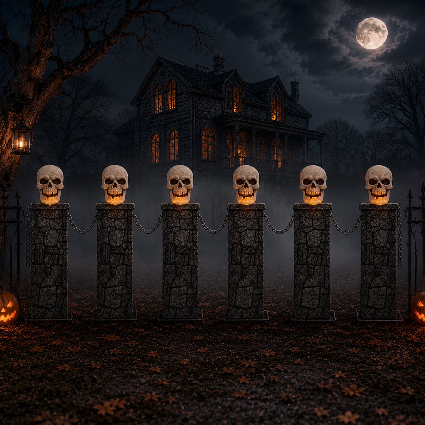 Pack of 2: 90cm x 1.2m Battery Powered Light Up Halloween Skull Fence with LEDs