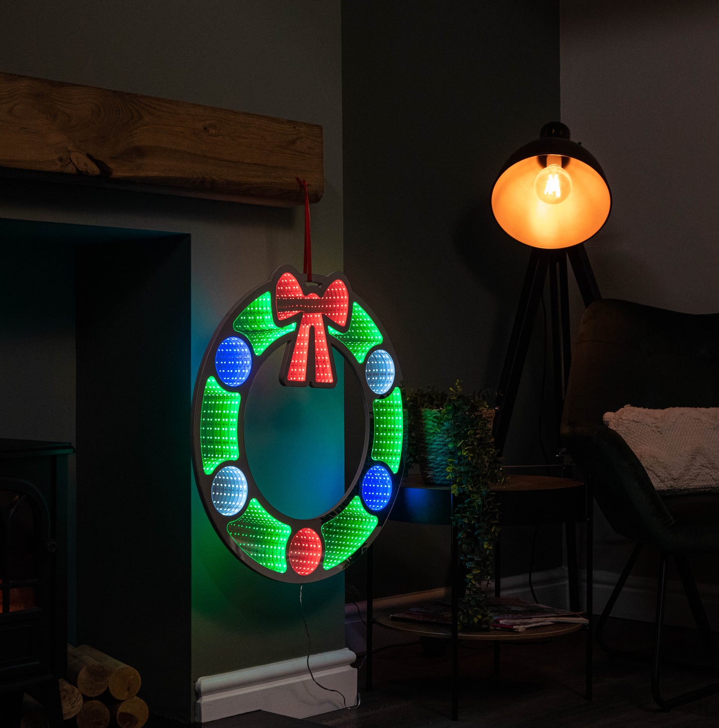 60cm Light up Hanging Christmas Wreath Infinity Mirror with Multi-Coloured LEDs