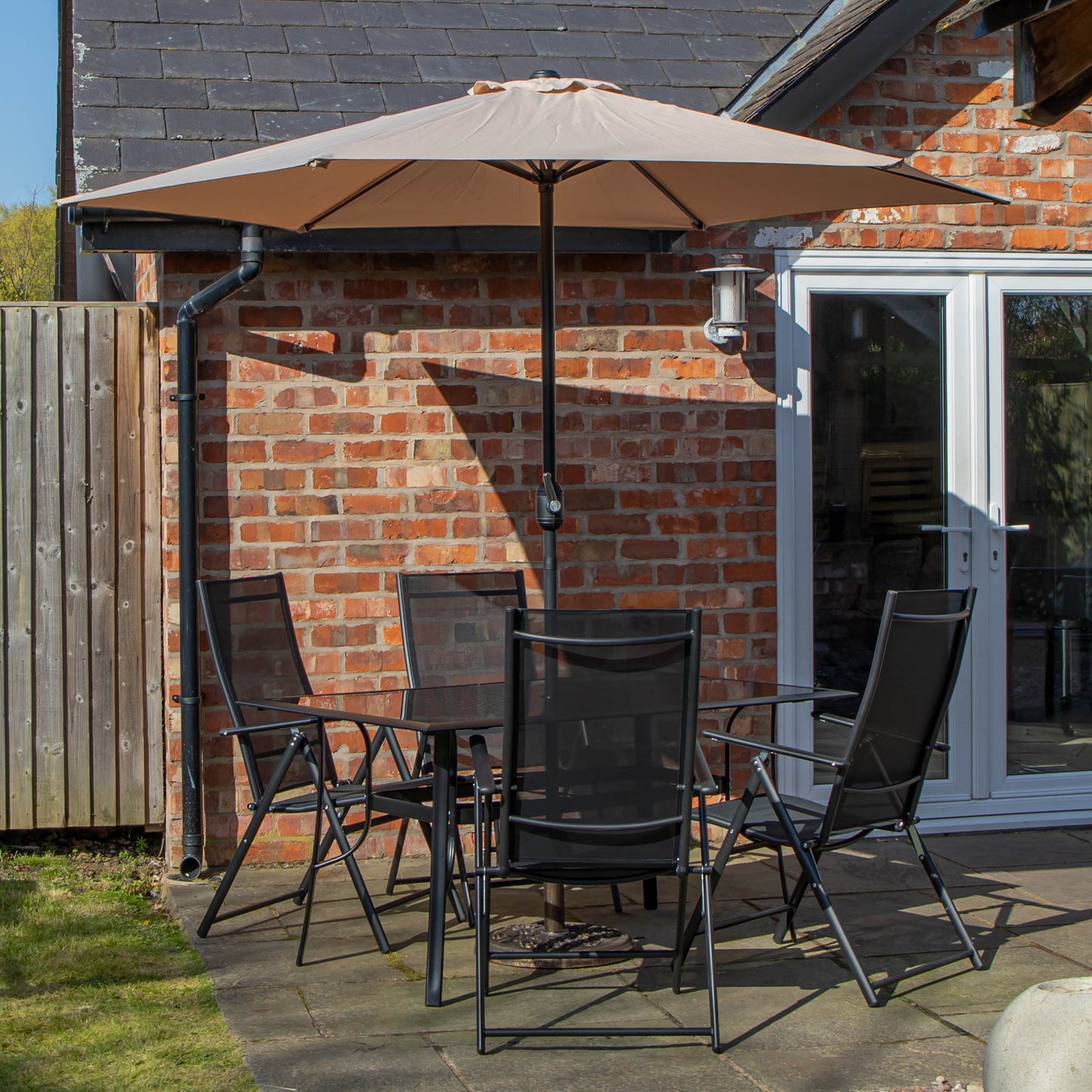 Outdoor 4 Person Rectangular Glass Top Garden Dining Table Chairs Beige Parasol and Base Set