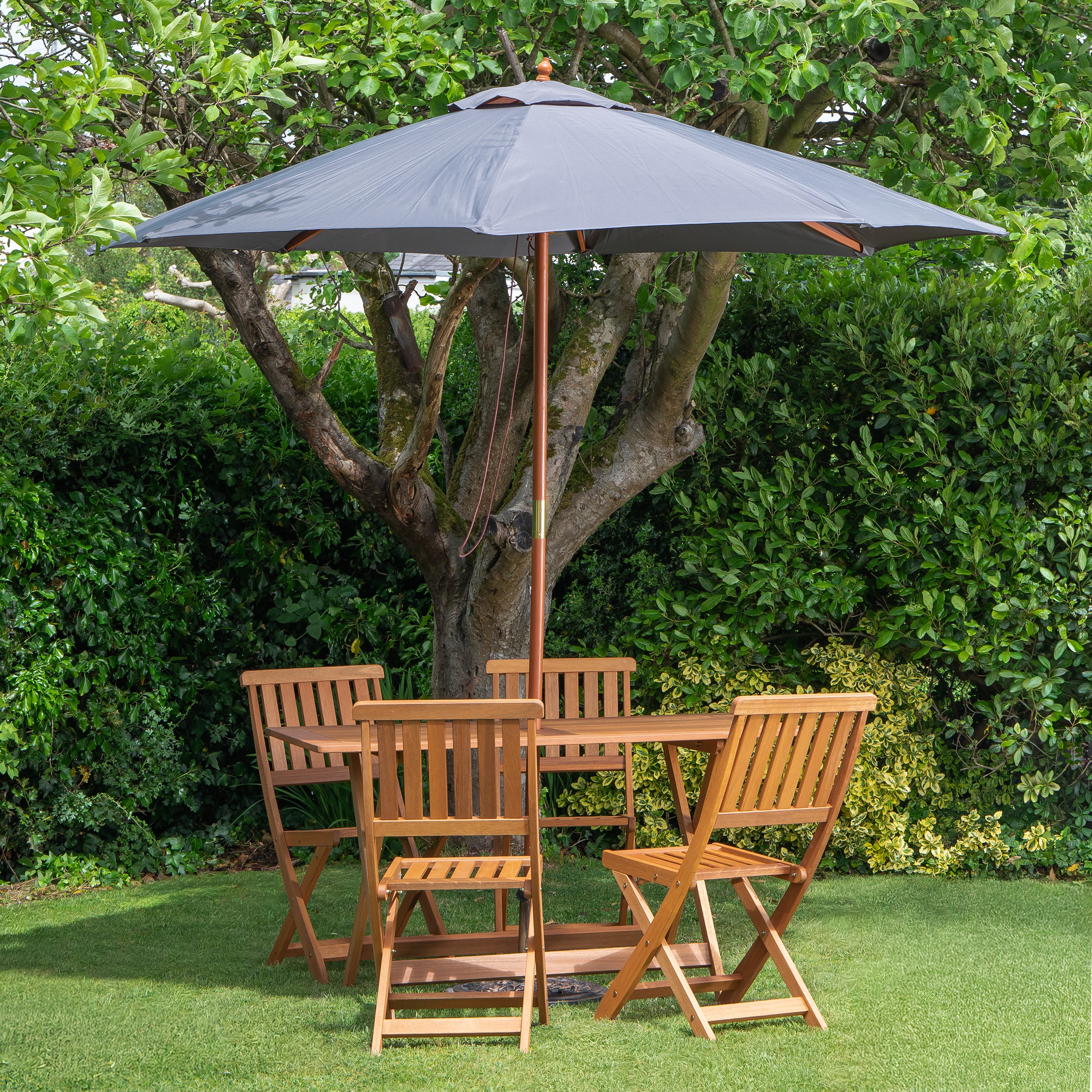 Outdoor 4 Person Folding Rectangular Wooden Garden Dining Table Chairs Grey Parasol and Base Set