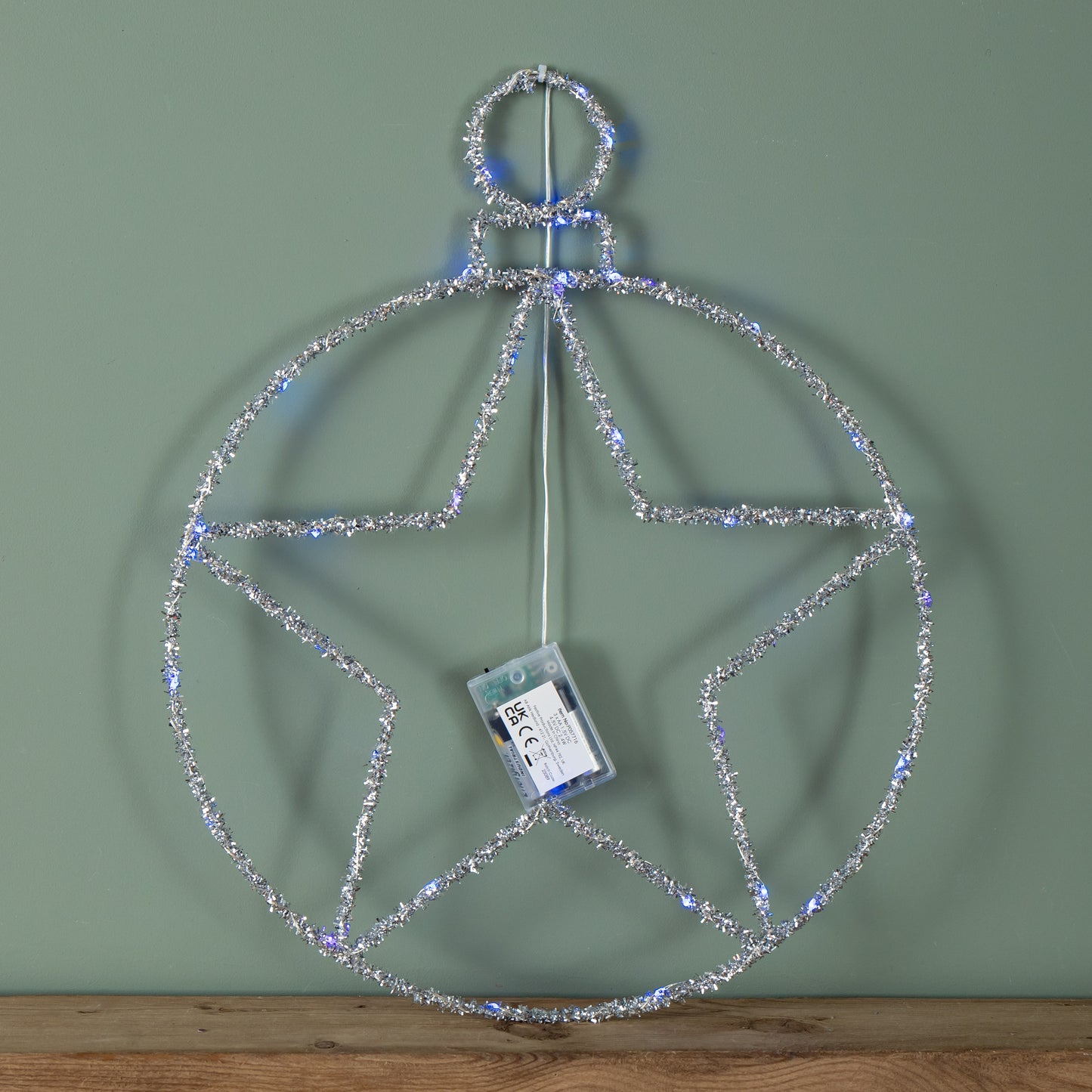 49cm Battery Powered Light up Christmas Silver Star Ball with Twinkling Blue LEDs