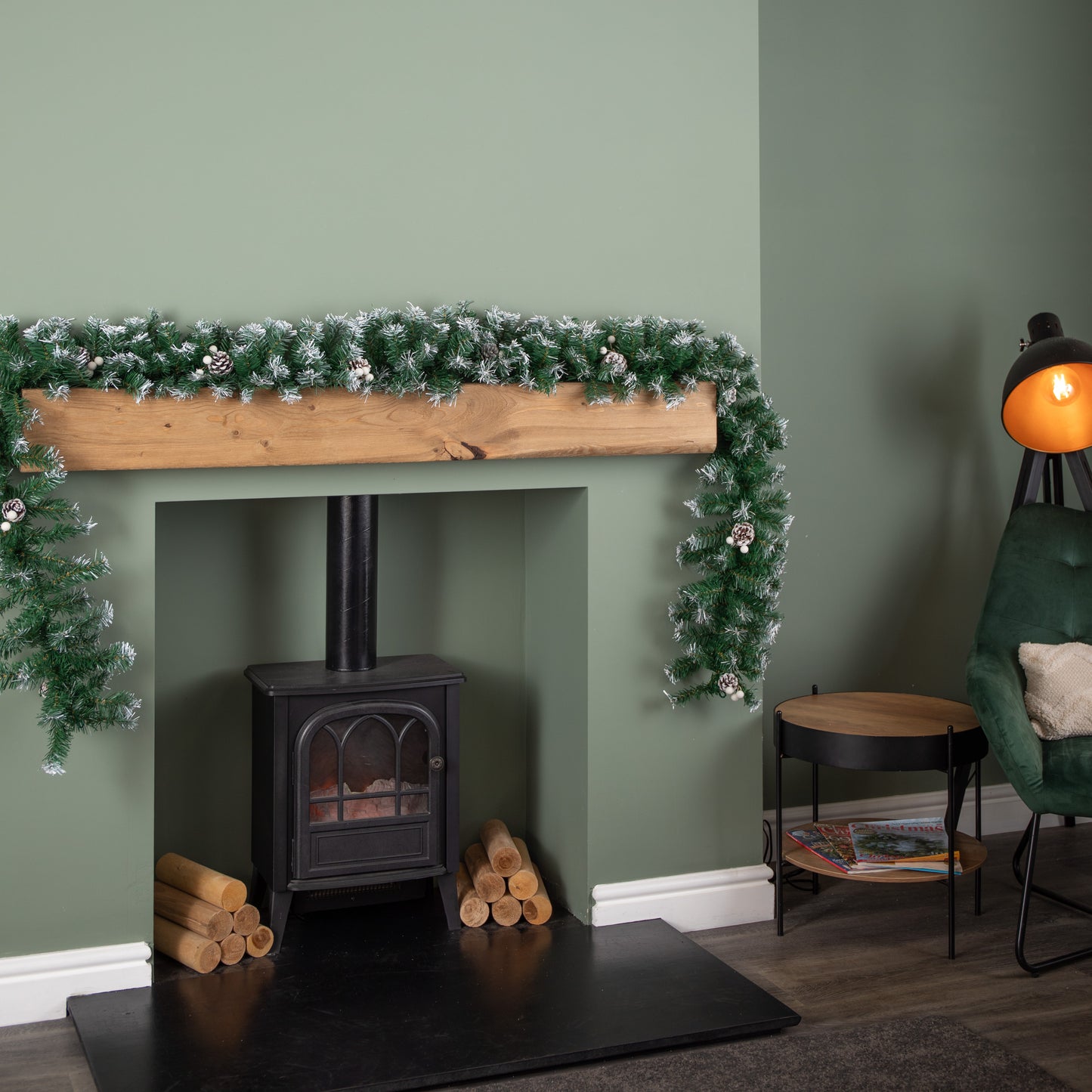 2.7m (9ft) Green Snow Tipped Christmas Garland with White Berries and Pine Cones