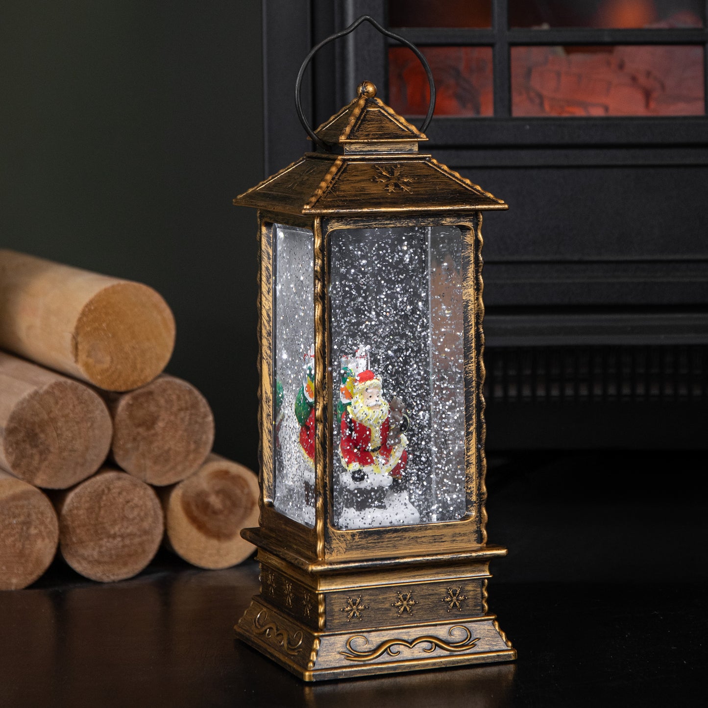 27cm Dual Powered Light up Antique Lantern Christmas Water Spinner with Santa Scene