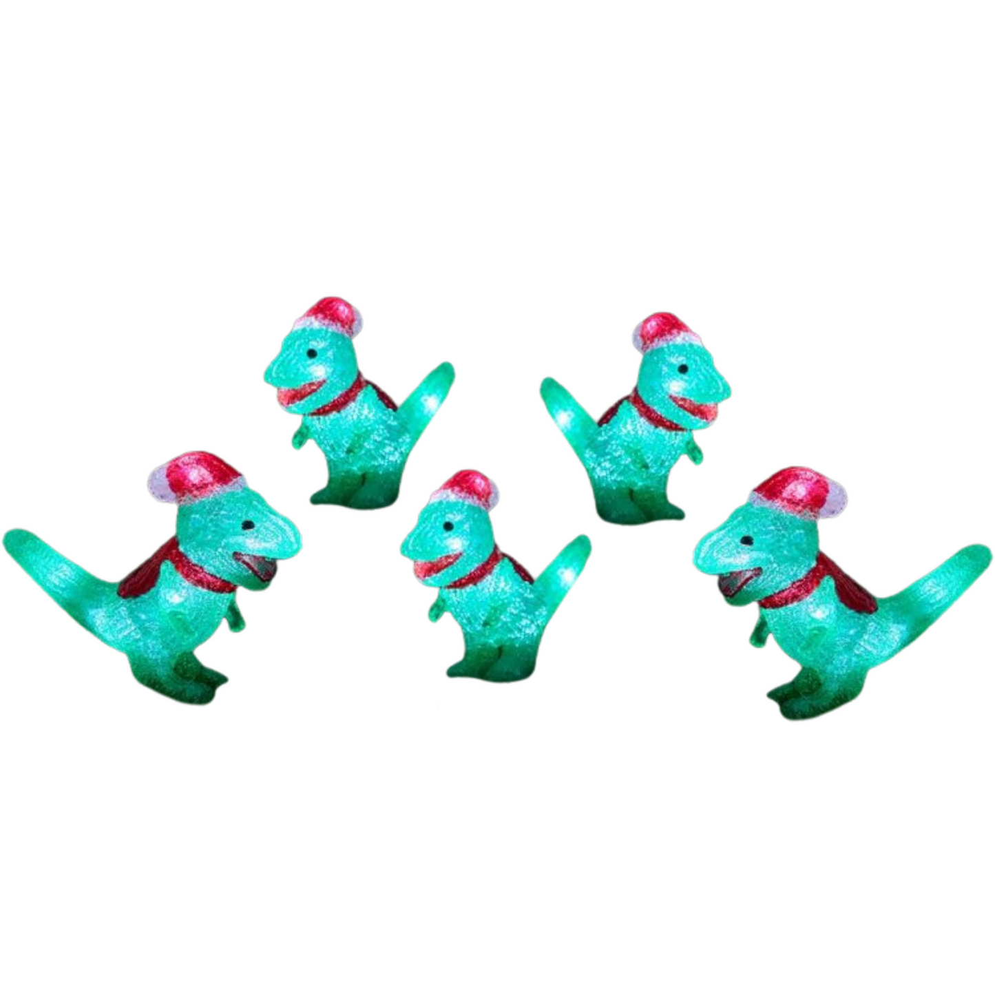 15cm Set of 5 Battery Operated Light up Christmas Dinosaur Ornaments with 40 Cool White LEDs