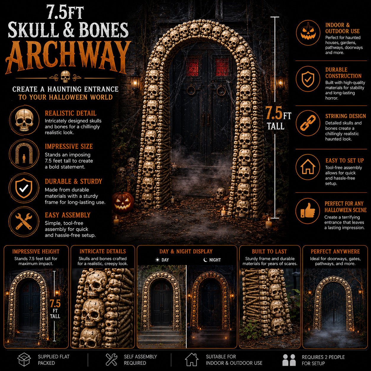 Home Accents 7.5ft Tall Skull and Bones Halloween Entrance Archway Decoration