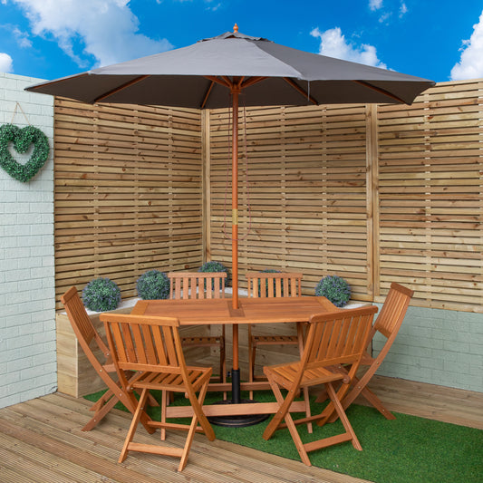 Outdoor 6 Person Folding Rectangular Wooden Garden Dining Table Chairs Grey Parasol and Base set