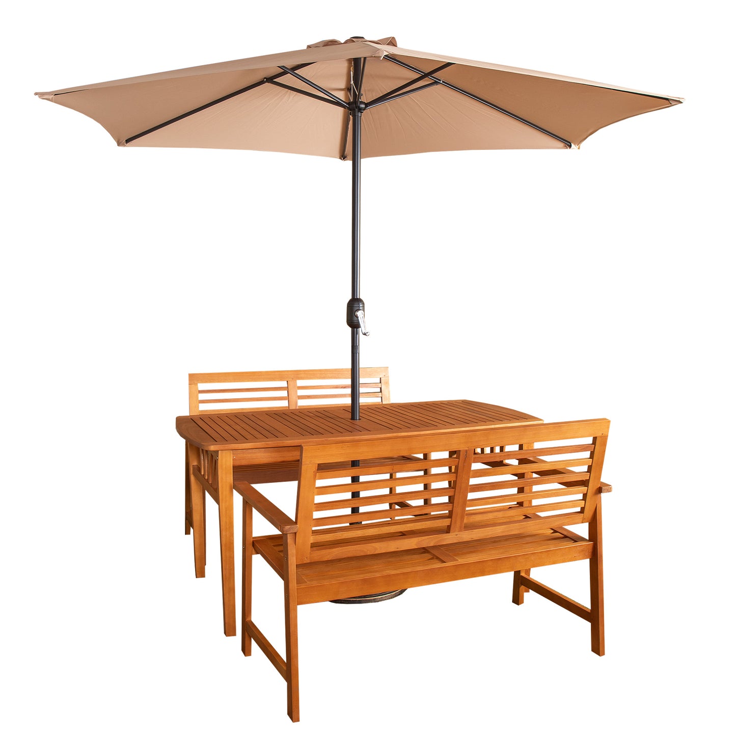 Outdoor 4 Person Rectangular Wooden Garden Table, 2 Benches with Beige Havana Parasol & Base