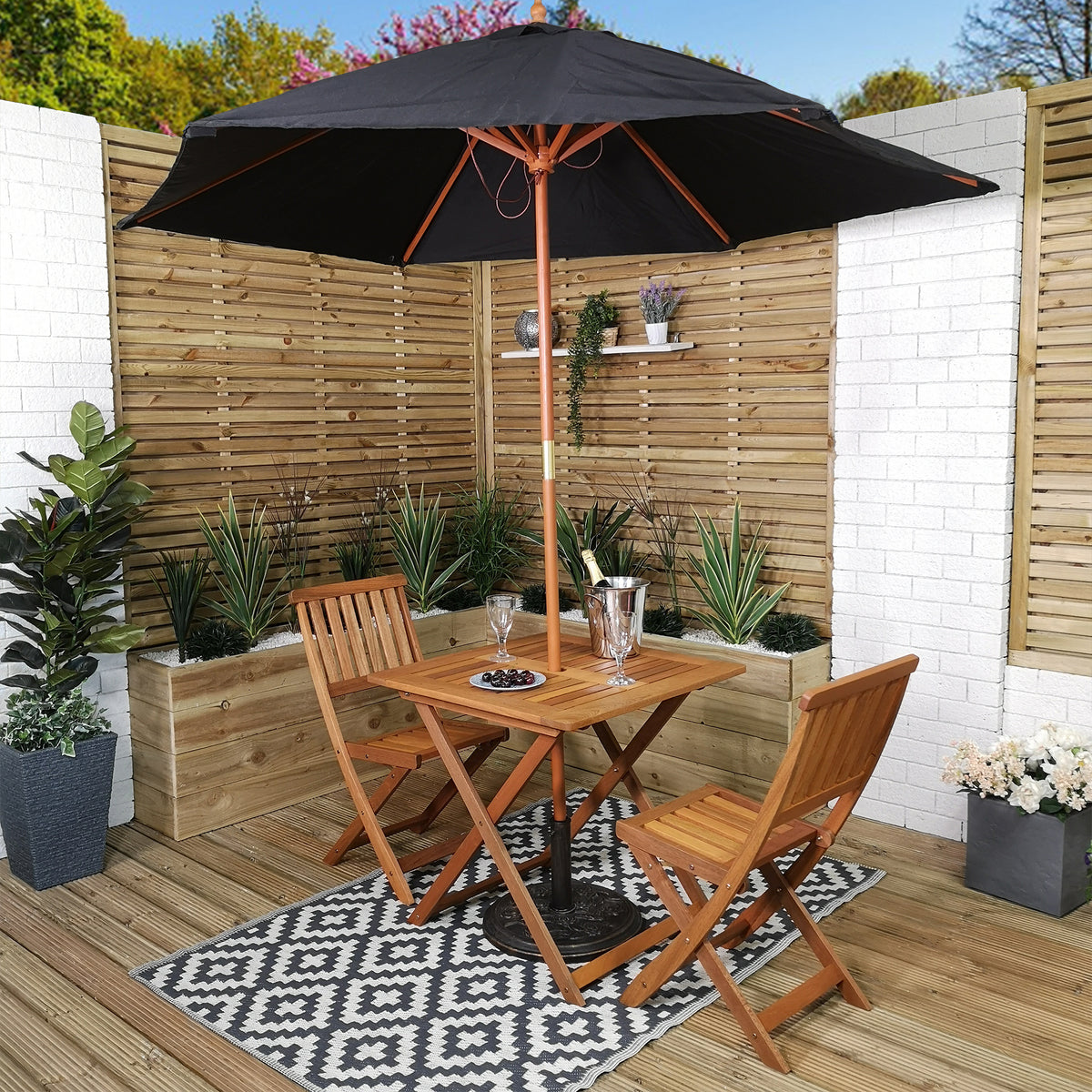 Outdoor 2 Person Folding Square Wooden Garden Patio Dining Table Chairs Parasol and Base Set