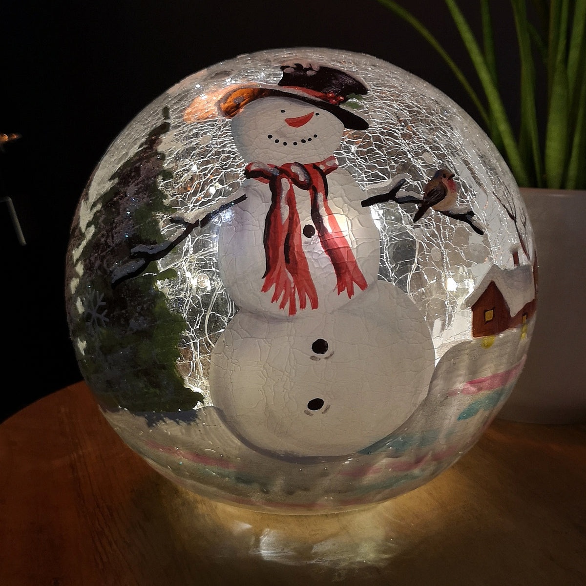 20cm Battery Operated Warm White LED Crackle Effect Ball Christmas Decoration with Snowman