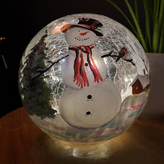 20cm Battery Operated Warm White LED Crackle Effect Ball Christmas Decoration with Snowman