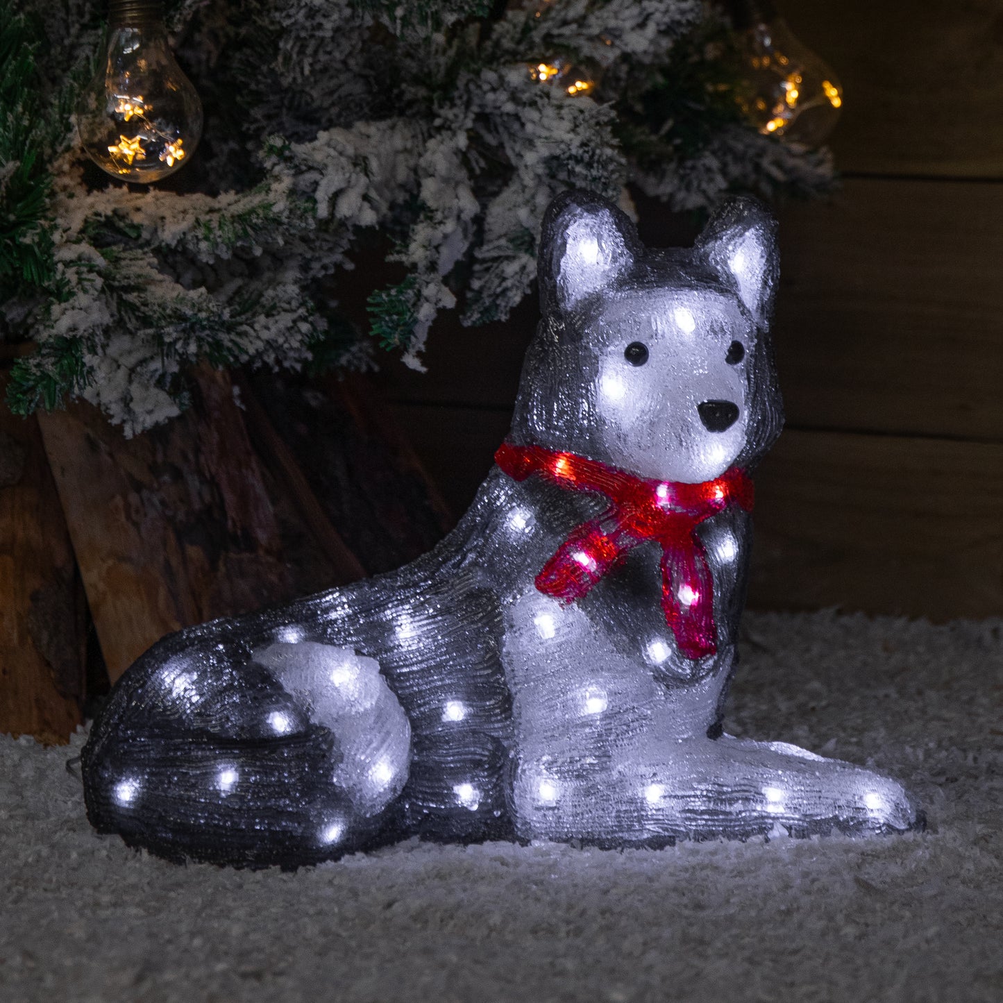28cm Light up Acrylic Christmas Husky with Red Scarf Decoration and White LEDs
