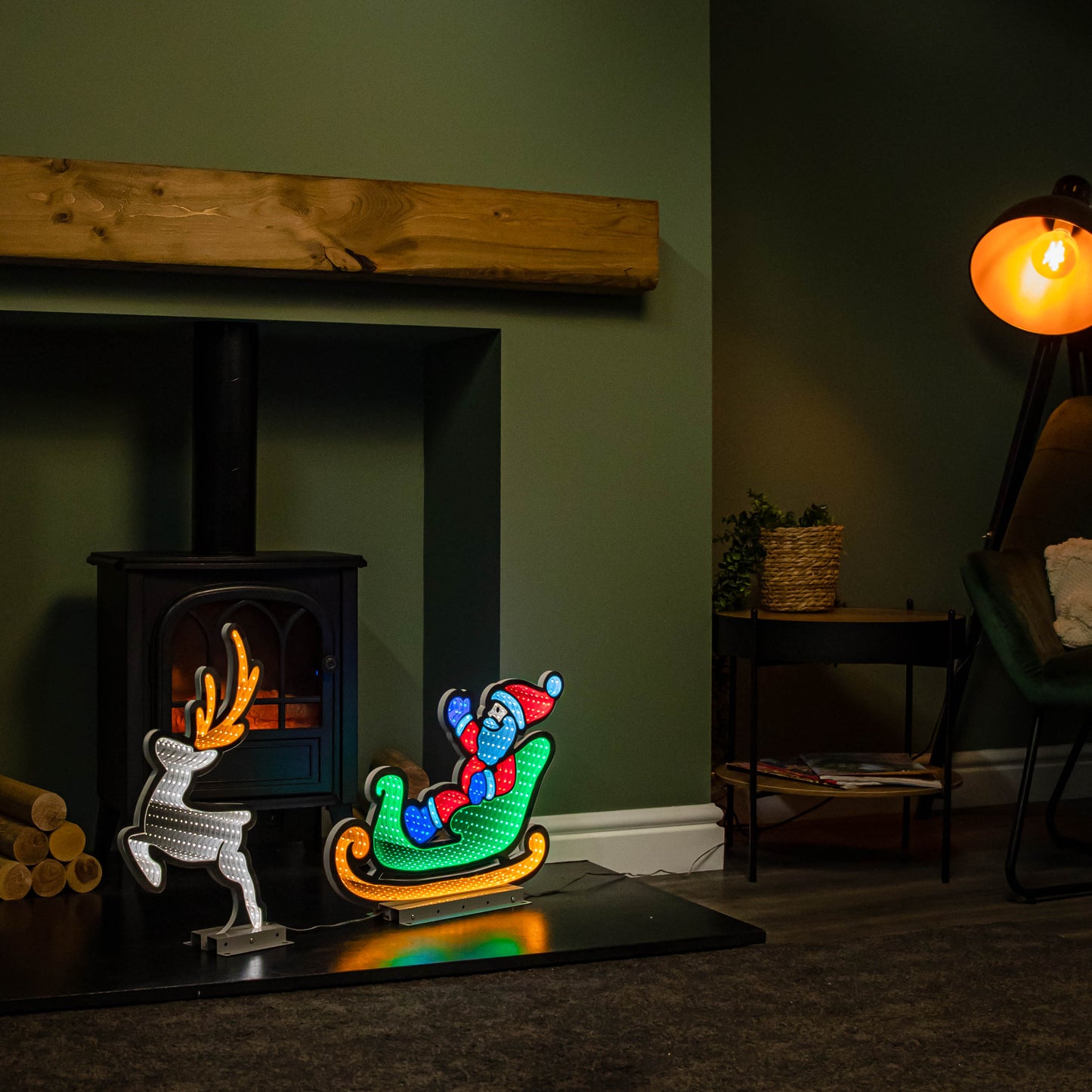 75cm Infinity Santa in Sleigh with Reindeer on Metal Base and Multi-Coloured LEDs