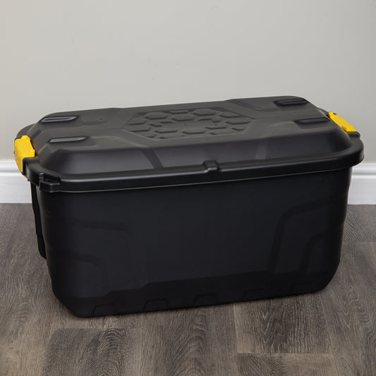 75L Heavy Duty Lockable & Stackable Storage Tub Chest on Wheels with Clips in Black