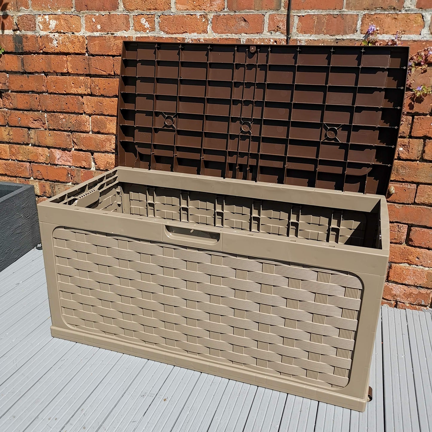 Factory Seconds: 335 Litre Rattan Style Garden Cushion Storage Box with Sit on Lid – Dark Brown