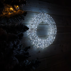 45cm Light up Silver Hanging Christmas Beaded Wreath with 600 White LEDs