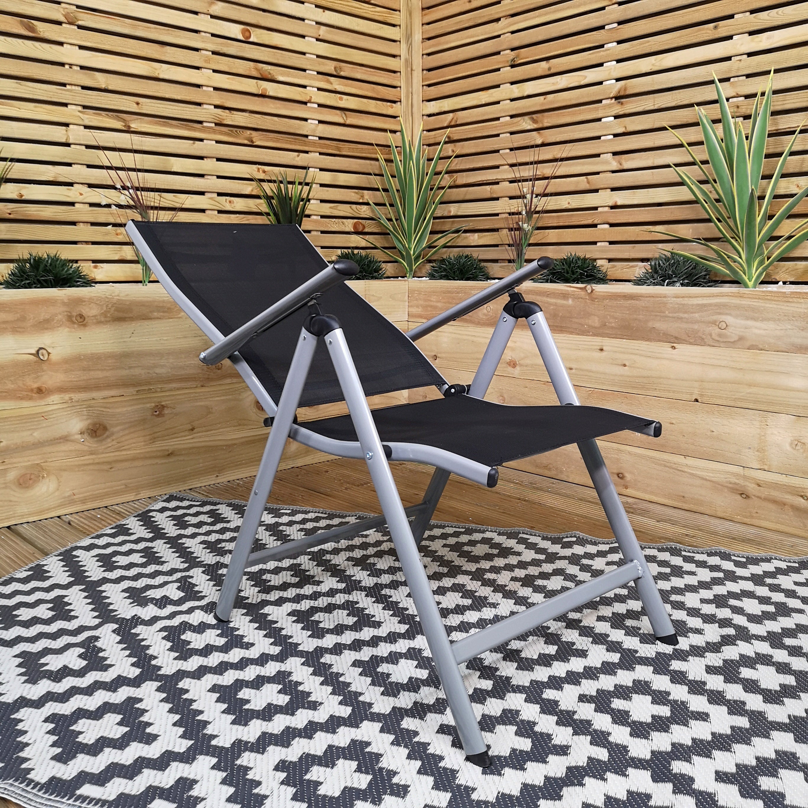 Outdoor Garden Patio Multi Position Reclining Folding Chair in Black and Silver