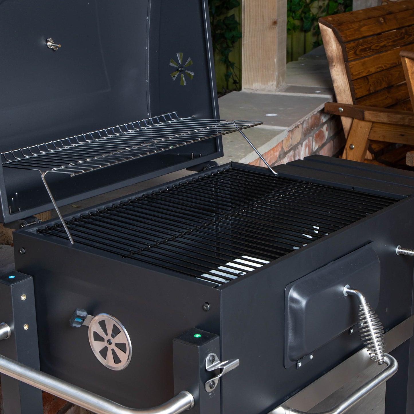Samuel Alexander 115x46x106cm Black Steel Portable Rectangular BBQ Trolley with Thermometer Gauge and Cover