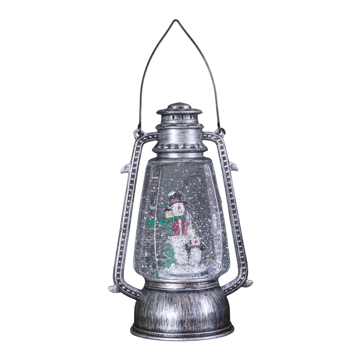24cm Dual Powered Light up Silver Antique Lantern Christmas Water Spinner with Snowman Scene
