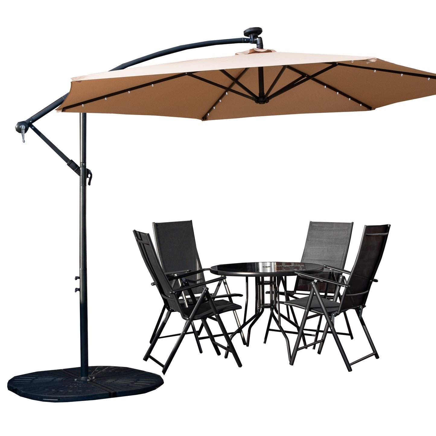 Outdoor 4 Person Round Glass Top Garden Dining Table Chairs With Beige Banana Lit Parasol and Base Set