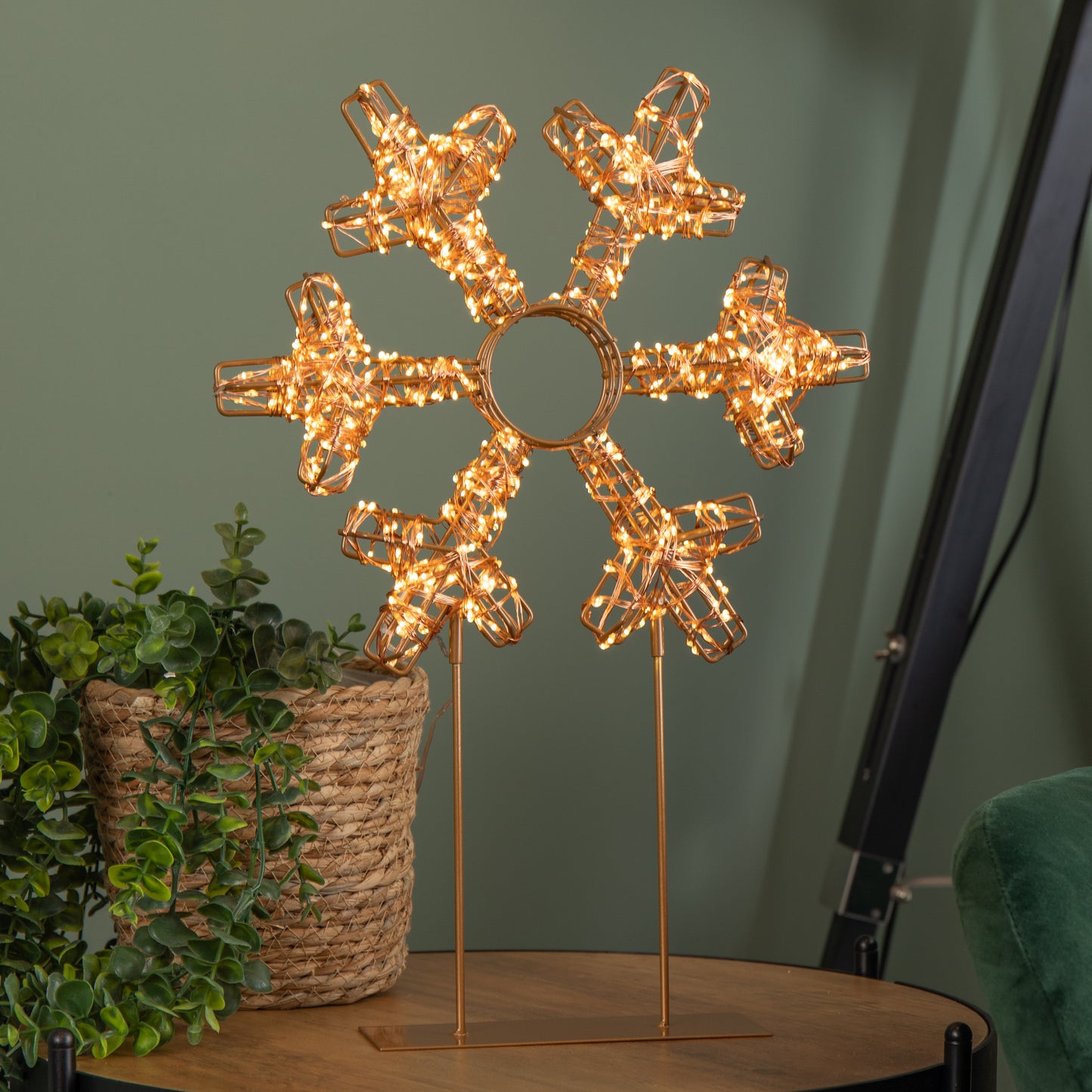 45cm Light up Rose Gold Christmas Snowflake on Metal Stand with Twinkling Warm White LEDs