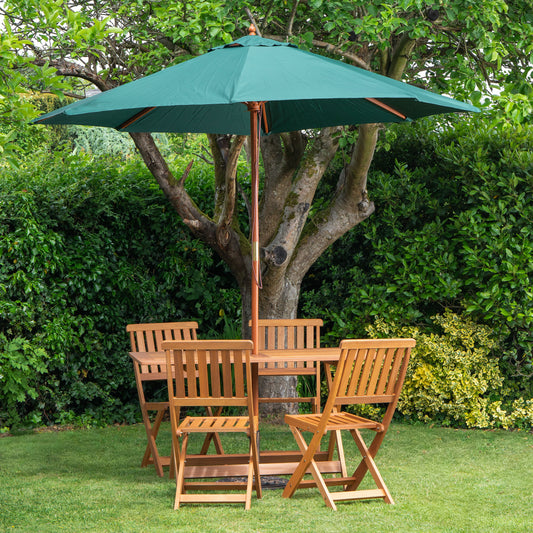 Outdoor 4 Person Folding Rectangular Wooden Garden Dining Table Chairs Green Parasol and Base Set